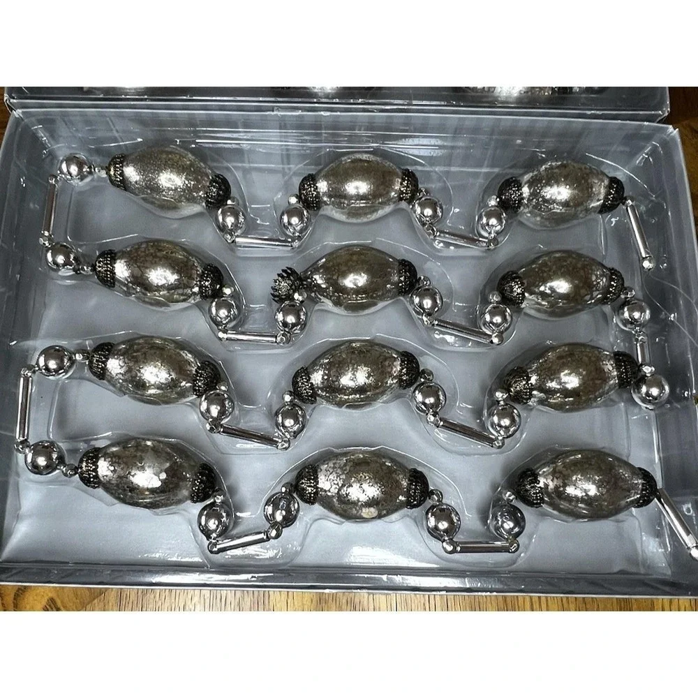 2 Bella Luce Christmas Mercury Glass Garland Silver w/ Ornate End Caps Boxed 12'